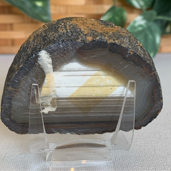 Thick Agate Geode Slab Slice Natural Crystal Gold Druzy Brazilian W Free Stand - Picture 5 of 10